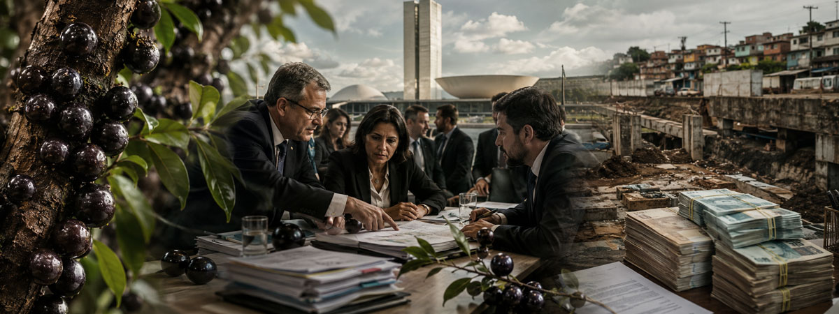 Jabuticabas, políticos e dinheiro contrastam com obras públicas urbanas inacabadas.