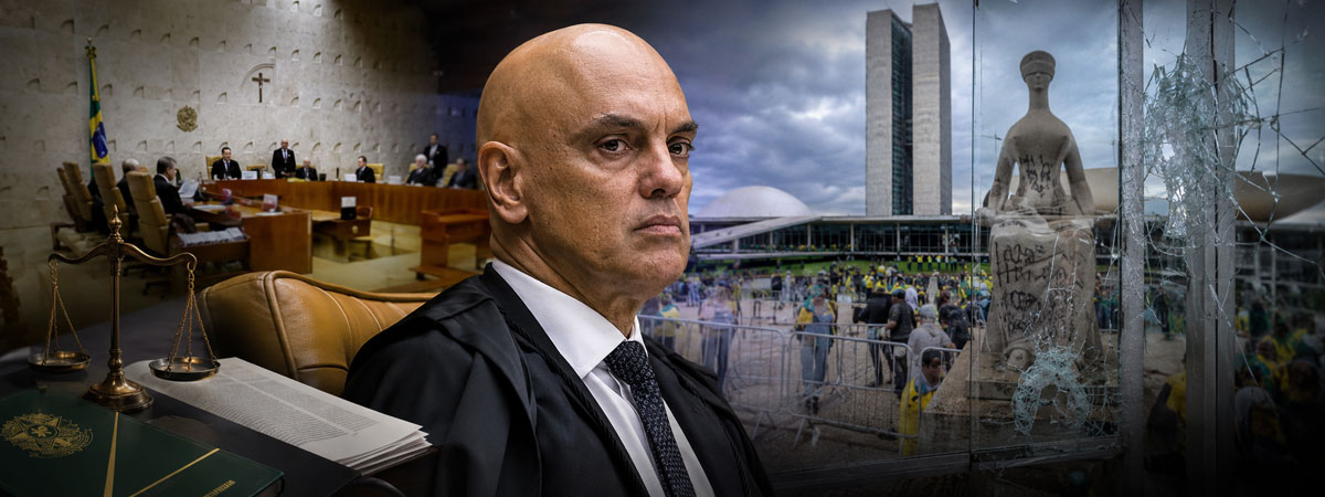 Alexandre de Moraes entre o STF, protestos e símbolos da Justiça.