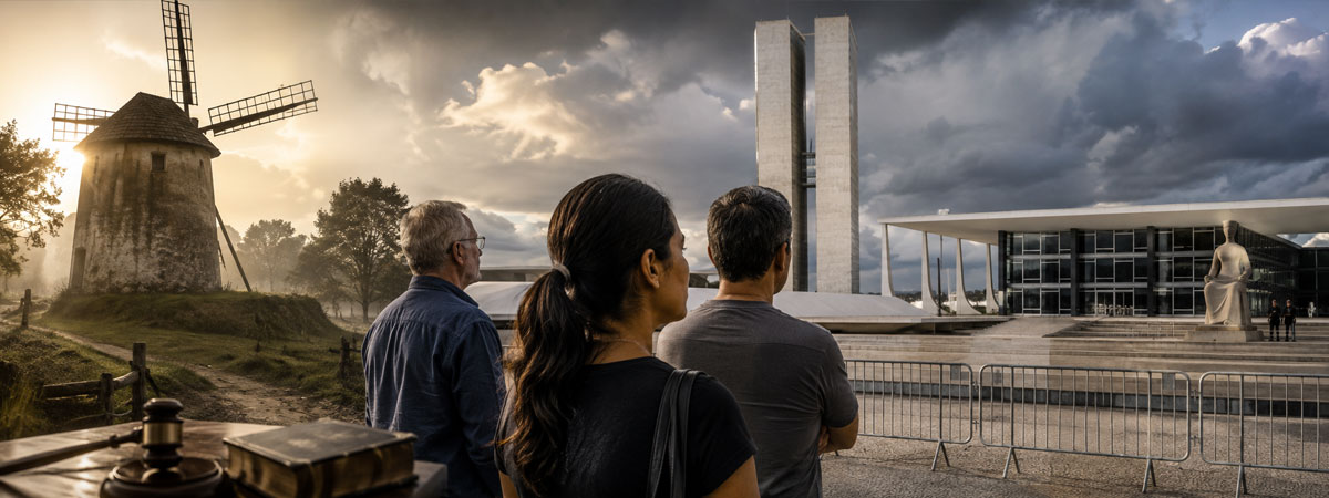 Cidadãos observam o Supremo, entre moinho histórico e símbolos da Justiça.