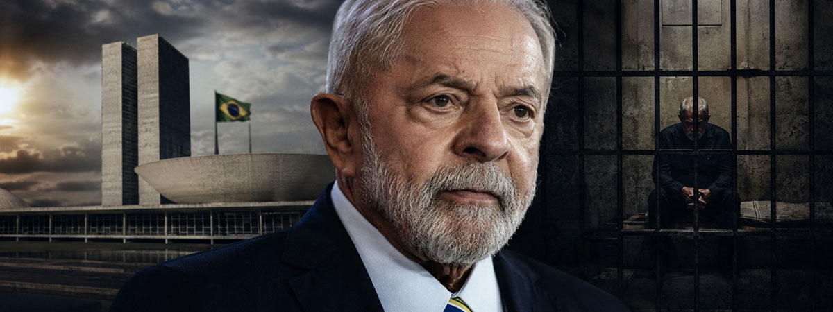 Lula em destaque entre o Palácio do Planalto e uma carceragem.