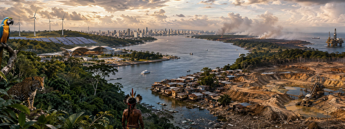 Contrastes ambientais da Amazônia entre preservação, exploração e desenvolvimento sustentável.